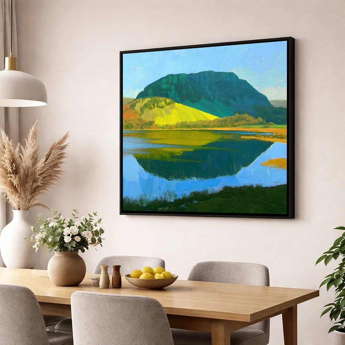 Sunlit Nab Scar Over Water lake district fell wall art displayed in a dining room