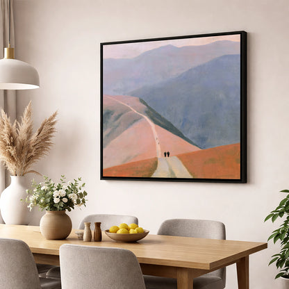 Walkers on a Pastel Mountain Path lake district walking wall art displayed in a dining room