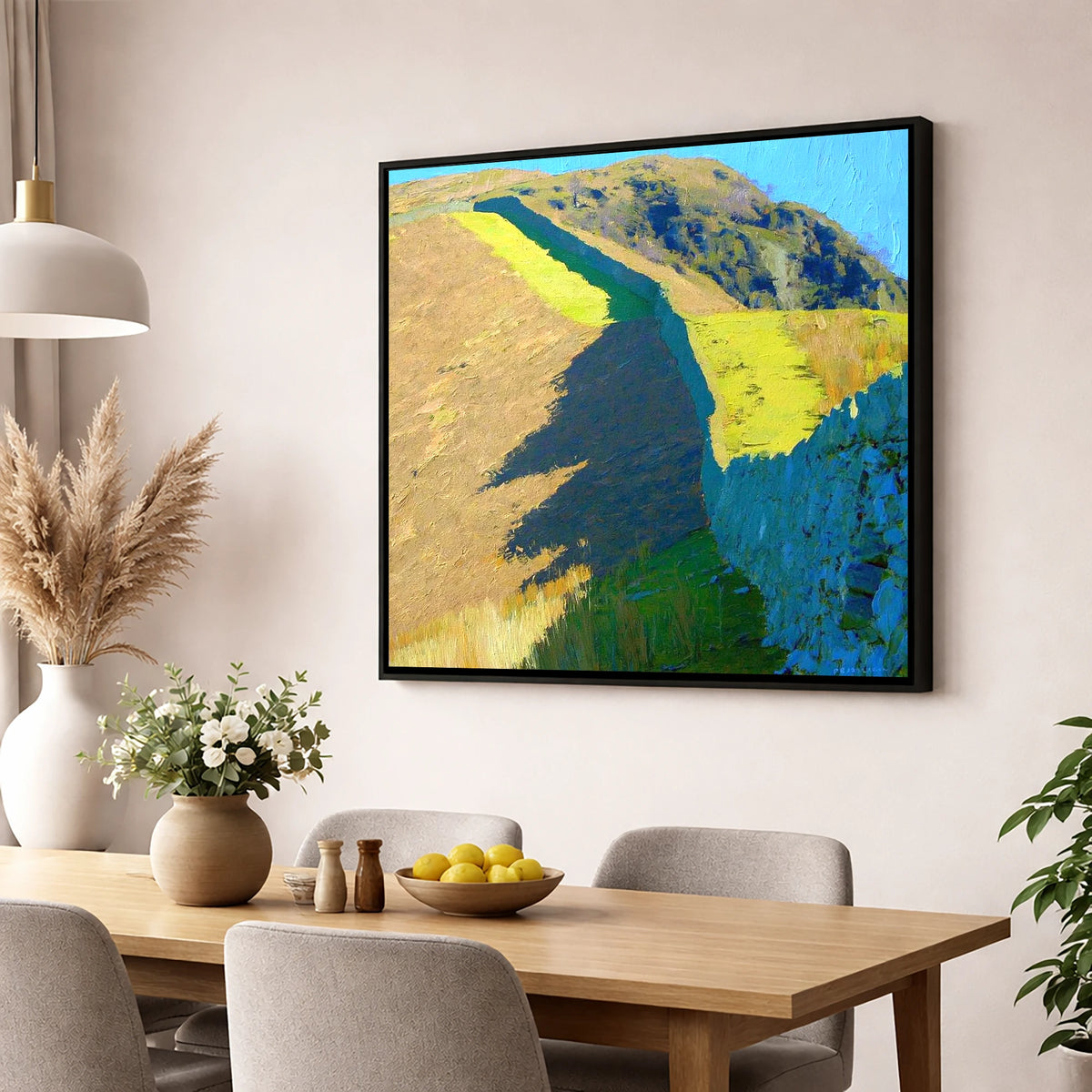 High Rigg Stone Wall Shadows lake district fell wall art displayed in a dining room