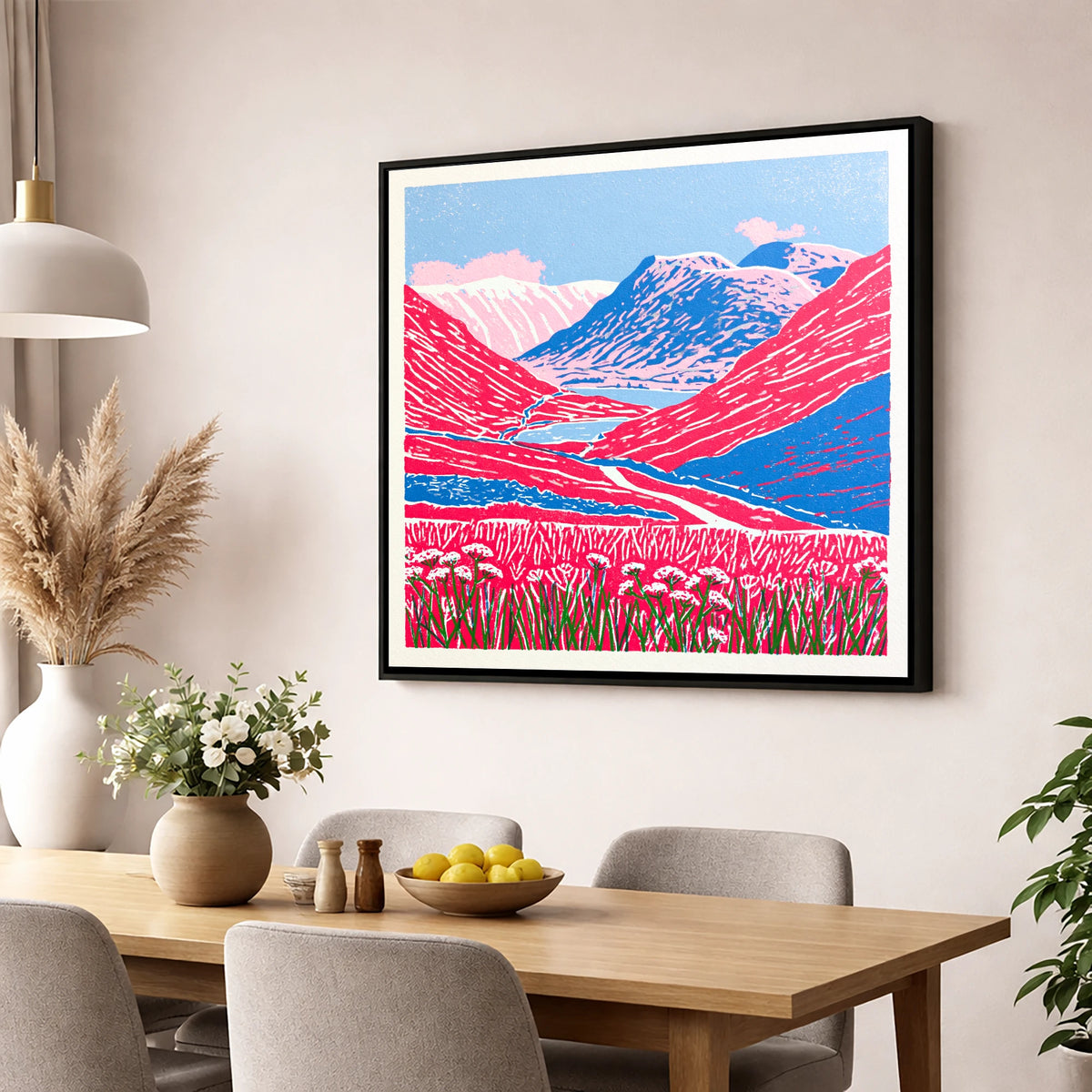 Vibrant Fells at Kirkstone Pass lake district valley wall art displayed in a dining room