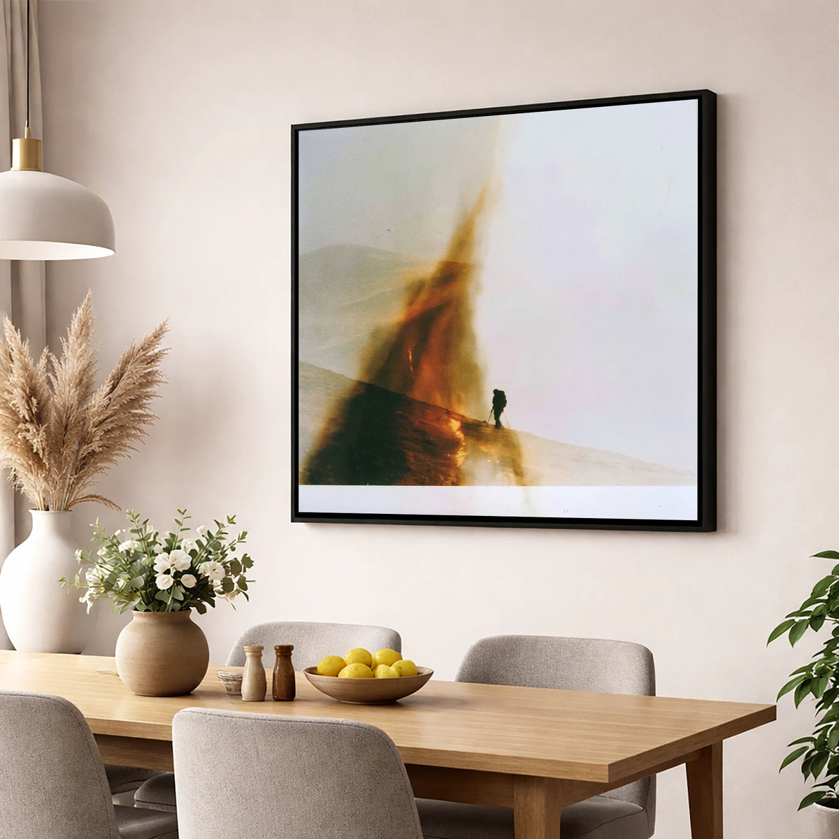 Fell-walker Silhouette in Amber Mist lake district walking wall art displayed in a dining room