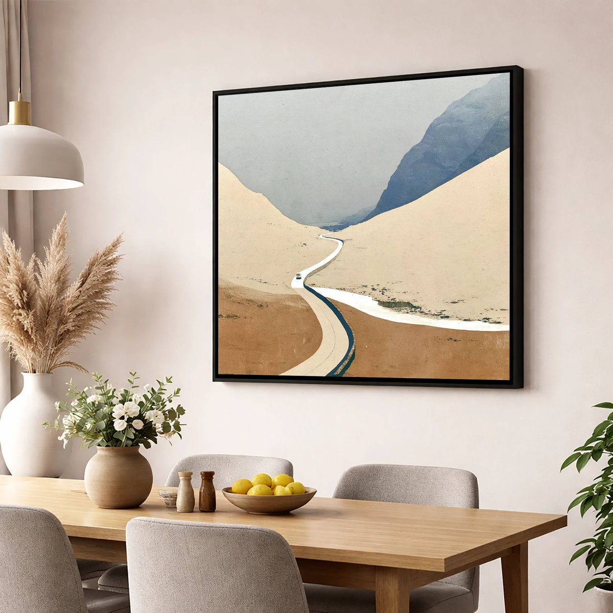 Winding Road through the High Pass lake district valley wall art displayed in a dining room