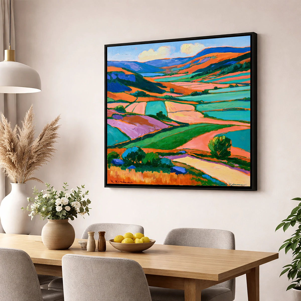 Vibrant Dale Patchwork Fields lake district valley wall art displayed in a dining room