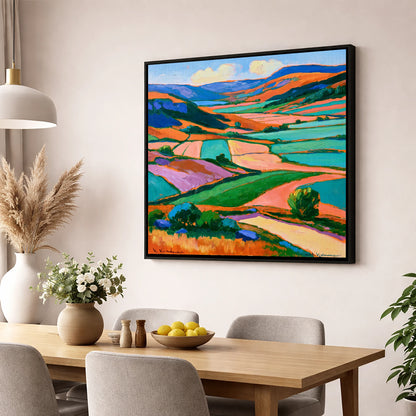 Vibrant Dale Patchwork Fields lake district valley wall art displayed in a dining room