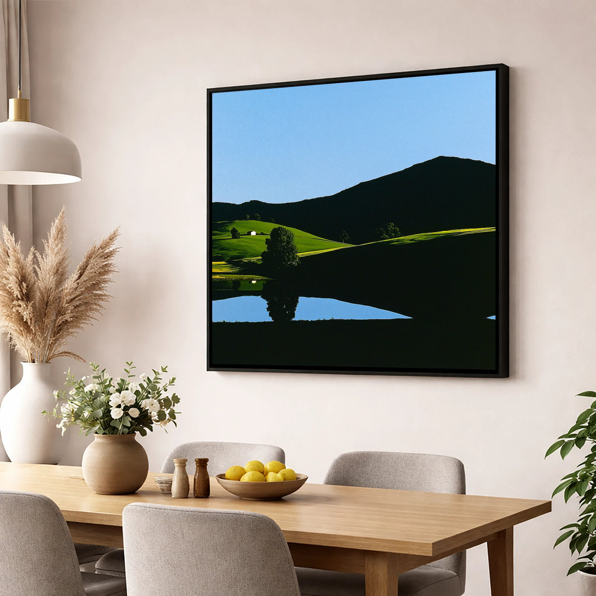 Sunlit Fells and Shadowed Peak lake district sky wall art displayed in a dining room