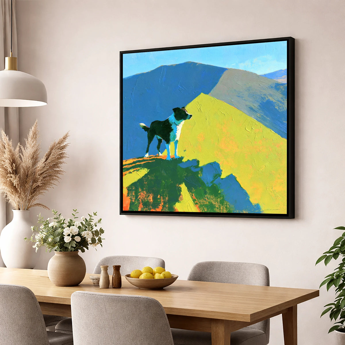 Vibrant Dog on Skiddaw Summit gifts for dog walkers wall art displayed in a dining room