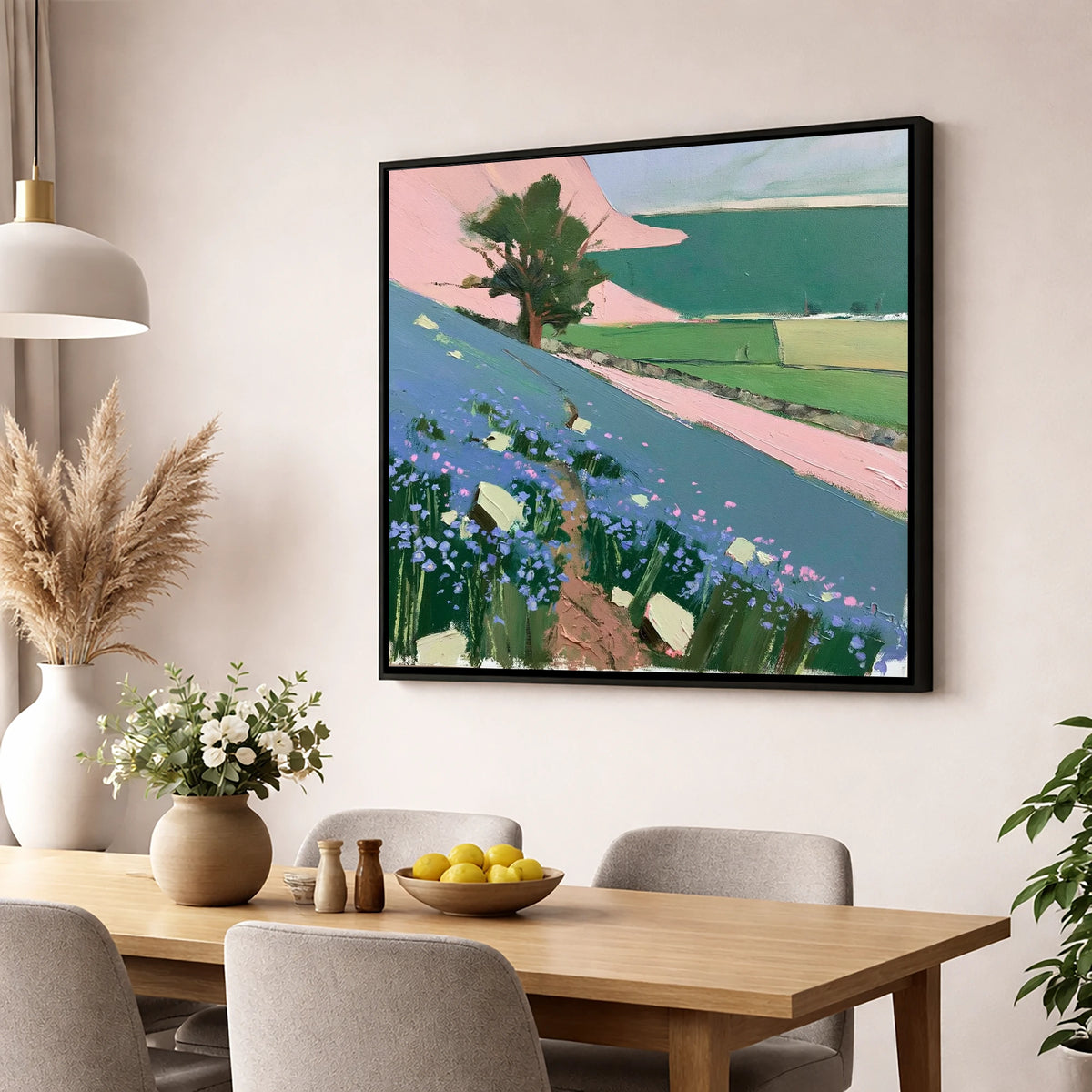 Vibrant Rannerdale Bluebells Crummock Water lake district lake wall art displayed in a dining room