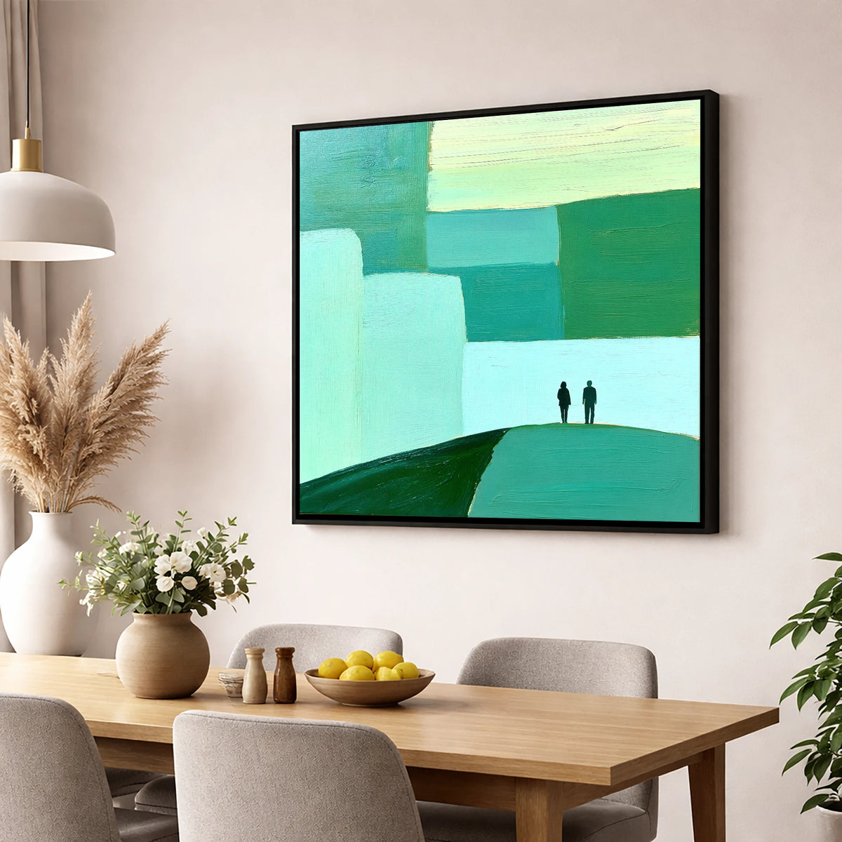 Abstract Green Fell Top Hikers lake district fell wall art displayed in a dining room