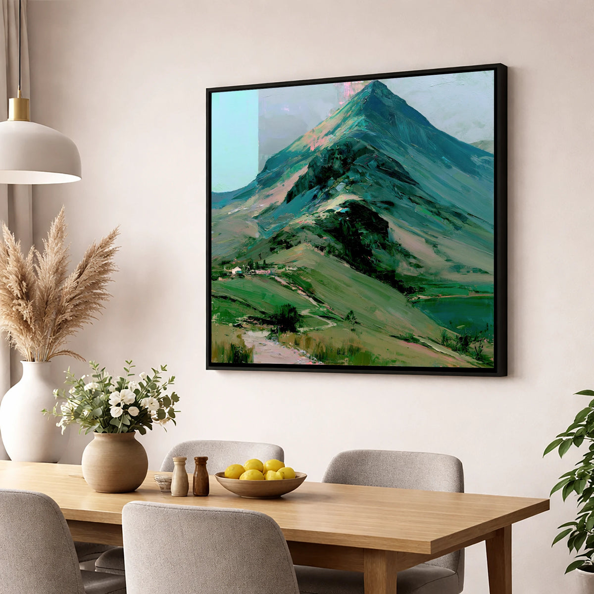 Bold Green Lake District Mountain lake district fell wall art displayed in a dining room
