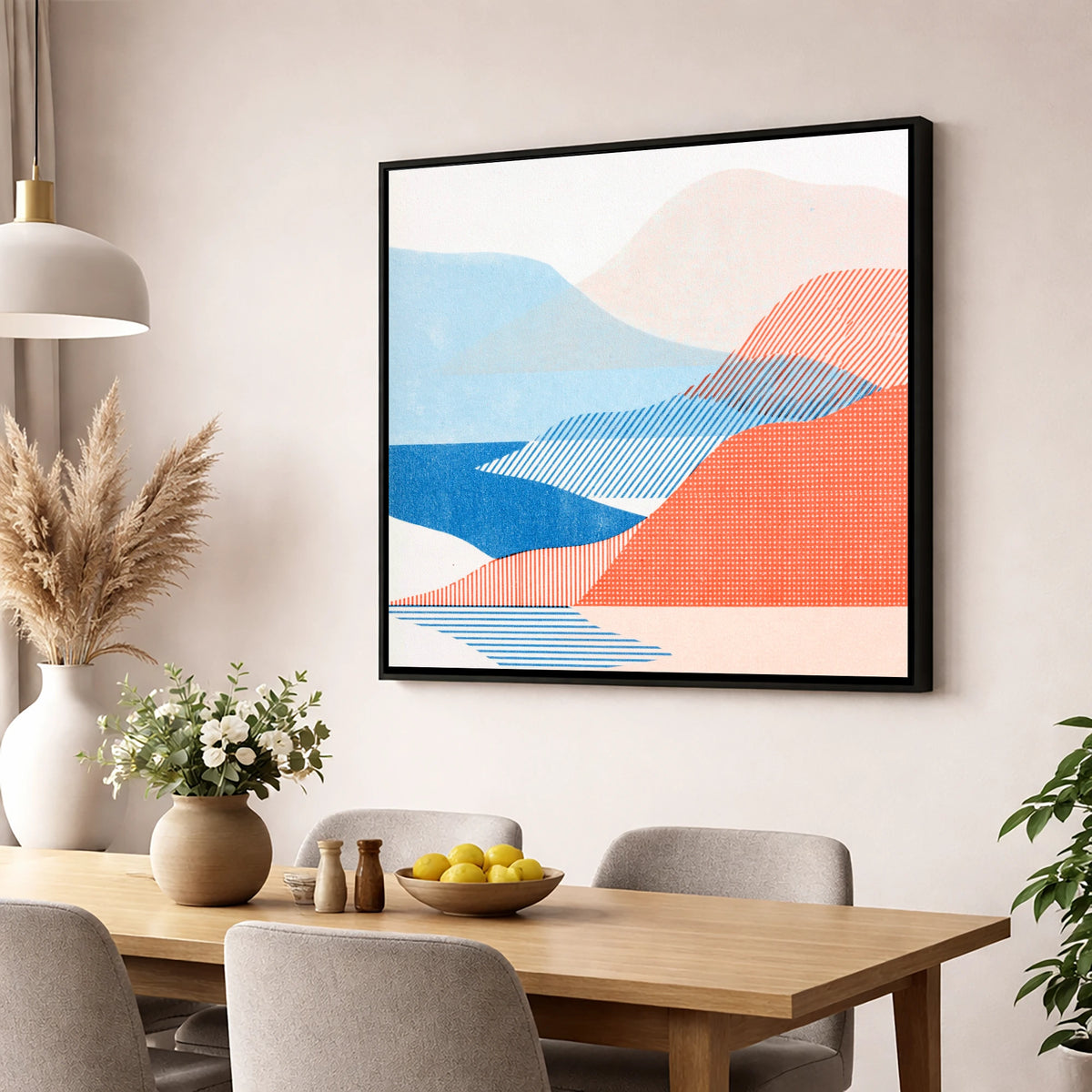 Modern Eskdale Valley in Coral lake district valley wall art displayed in a dining room