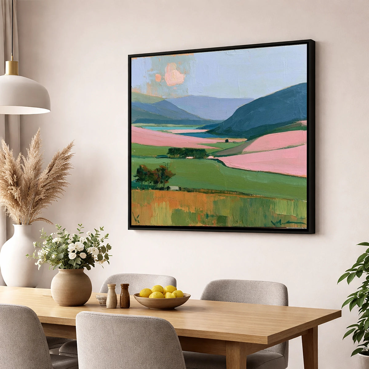 Vibrant Valley and Teal Fells lake district valley wall art displayed in a dining room