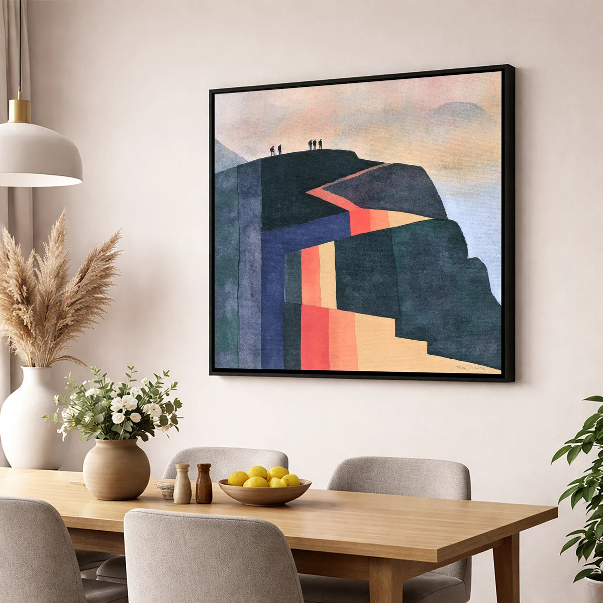 Hikers on Bold Geometric Fells lake district fell wall art displayed in a dining room