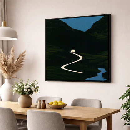 Glowing Winding Mountain Pass lake district valley wall art displayed in a dining room