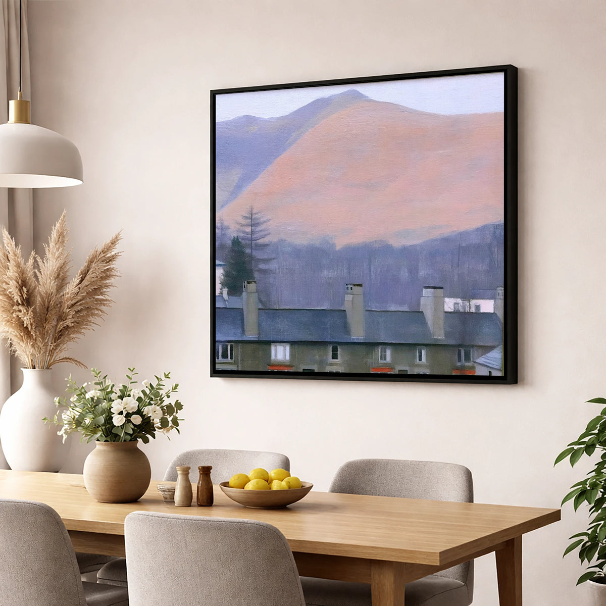 Skiddaw over Keswick at Dusk lake district village wall art displayed in a dining room