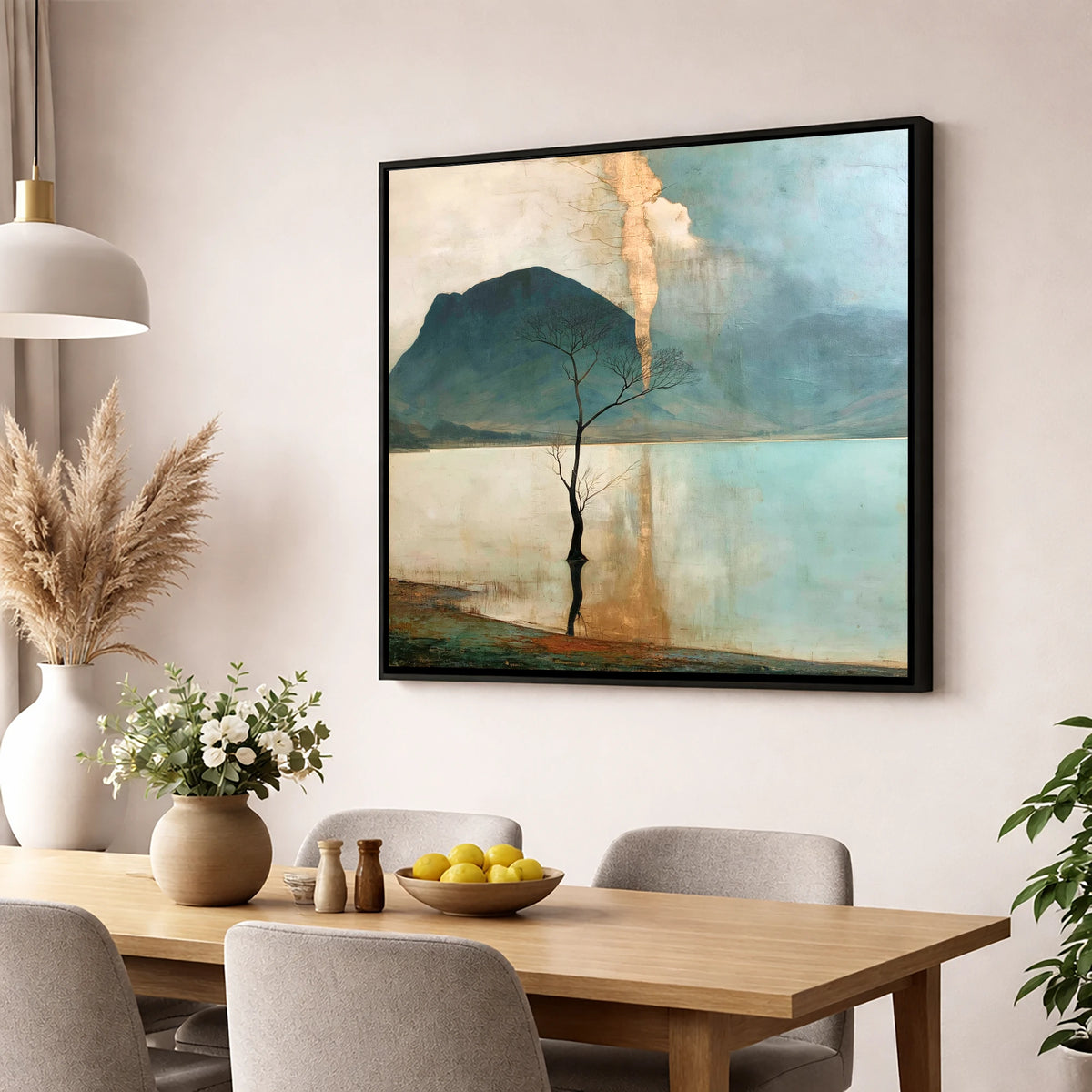 Buttermere Tree in Golden Light lake district lake wall art displayed in a dining room