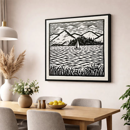 Monochrome Sailboat on Derwentwater lake district lake wall art displayed in a dining room