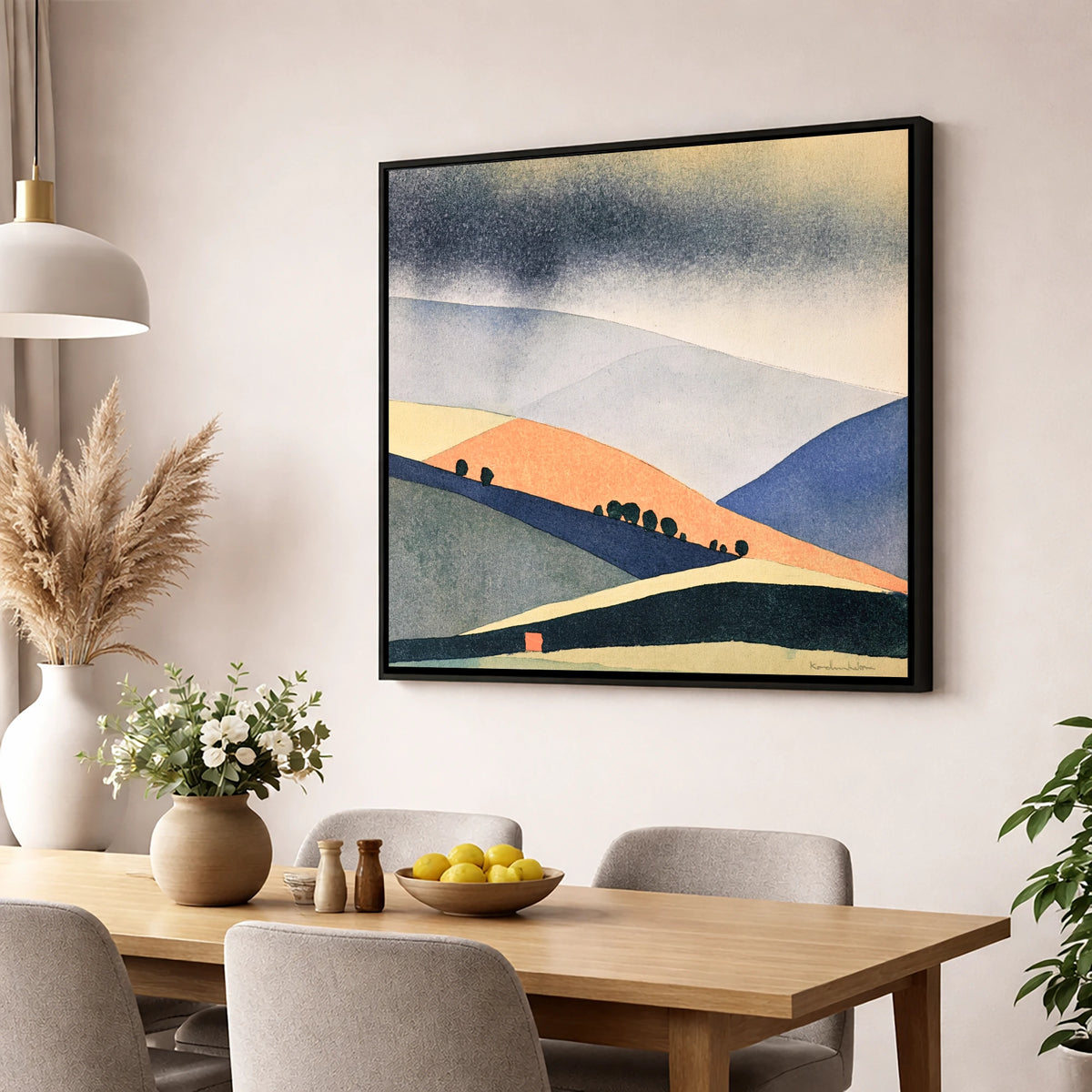 Rolling Fells in Terracotta and Indigo lake district fell wall art displayed in a dining room