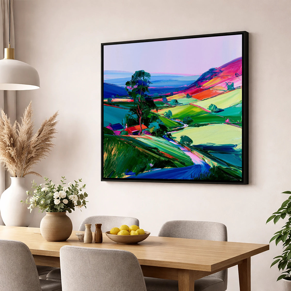 Vibrant Patchwork Dale Fields lake district valley wall art displayed in a dining room