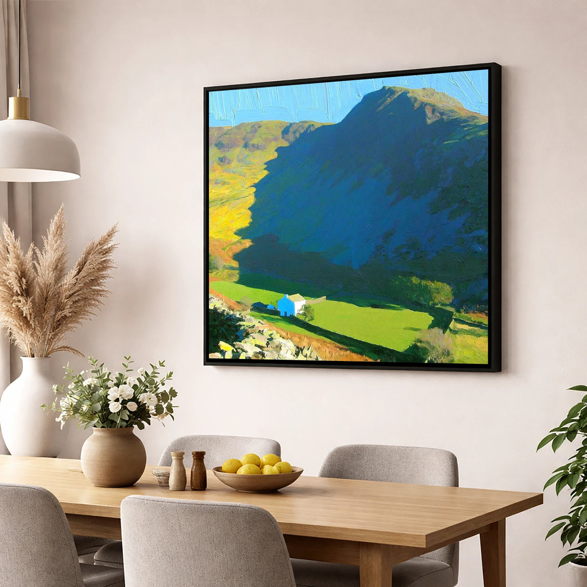 Harter Fell Over Valley Farm lake district fell wall art displayed in a dining room