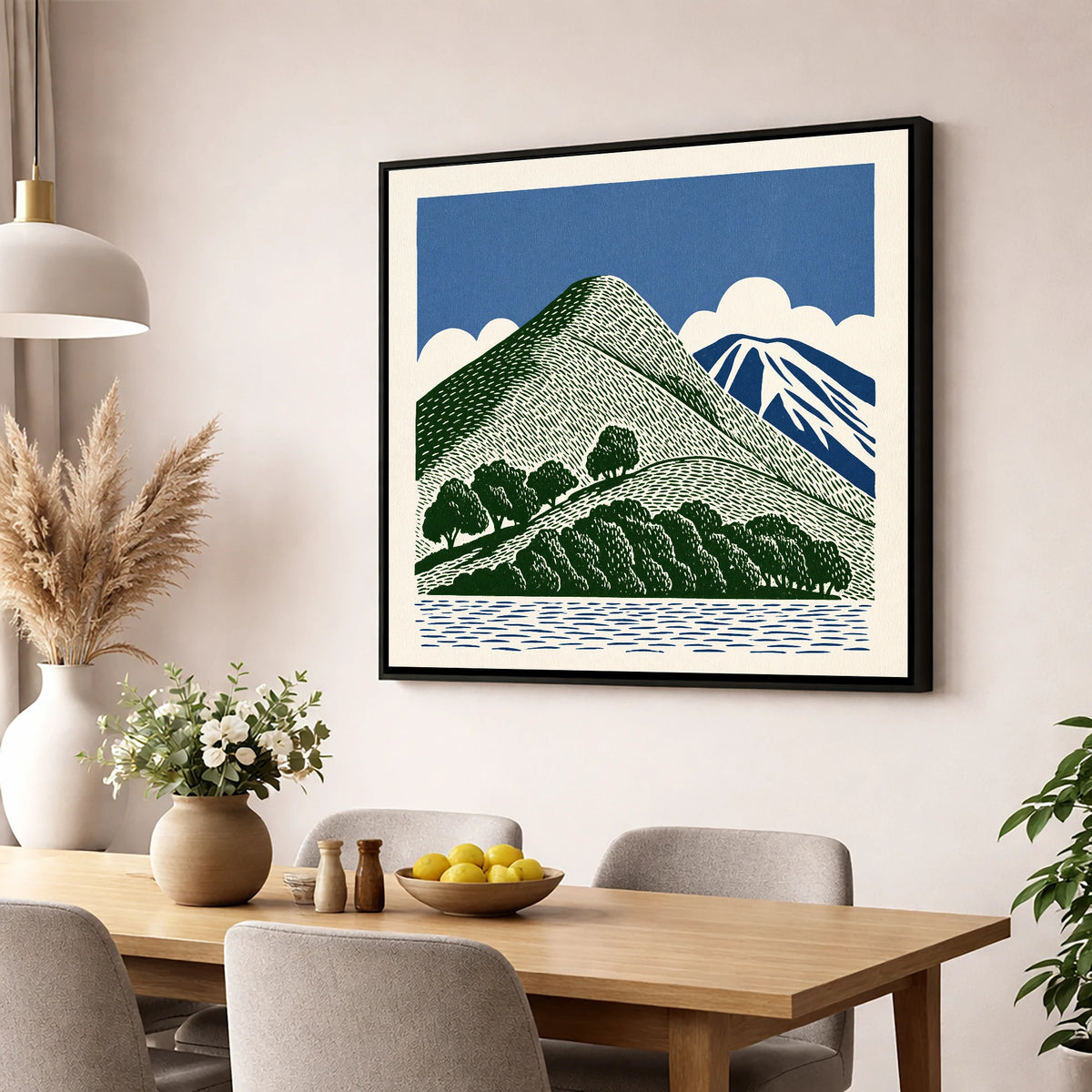 Catbells in Green and Navy lake district fell wall art displayed in a dining room