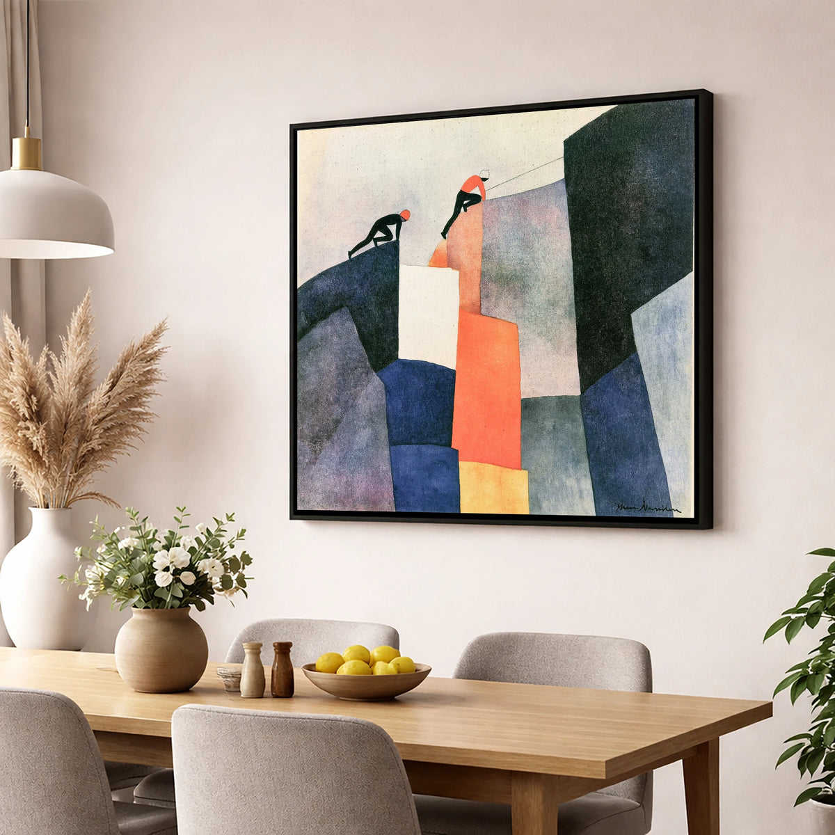 Climbers Ascending a Geometric Crag lake district walking wall art displayed in a dining room