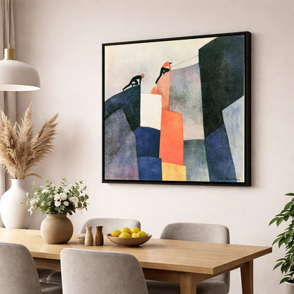 Climbers Ascending a Geometric Crag lake district walking wall art displayed in a dining room