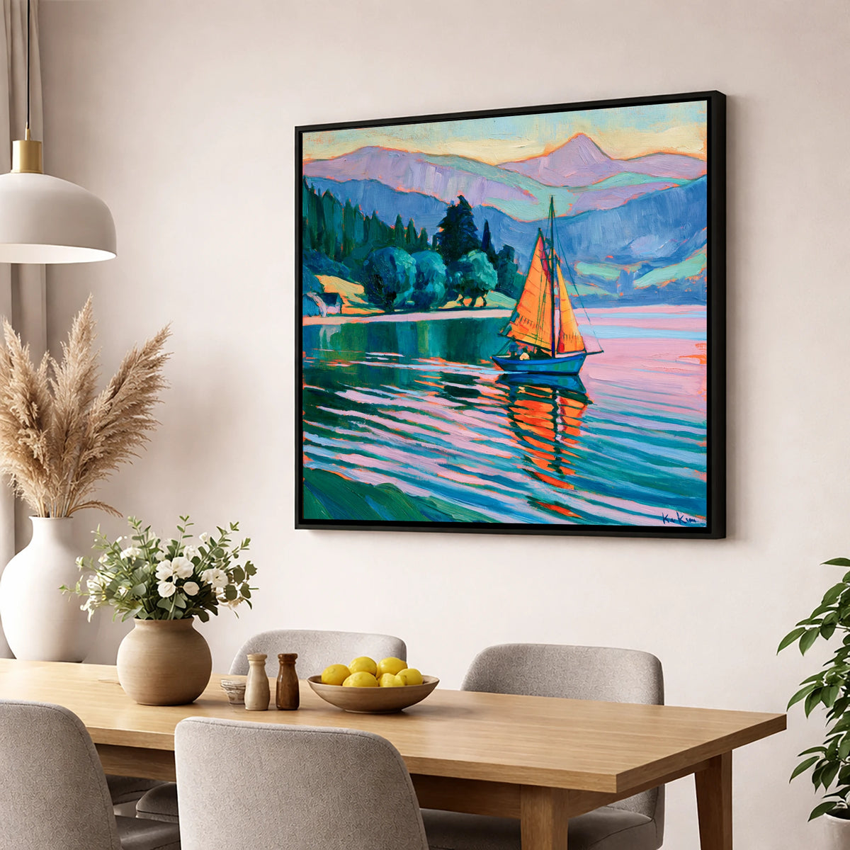 Orange Sails Below the Fells lake district walking wall art displayed in a dining room