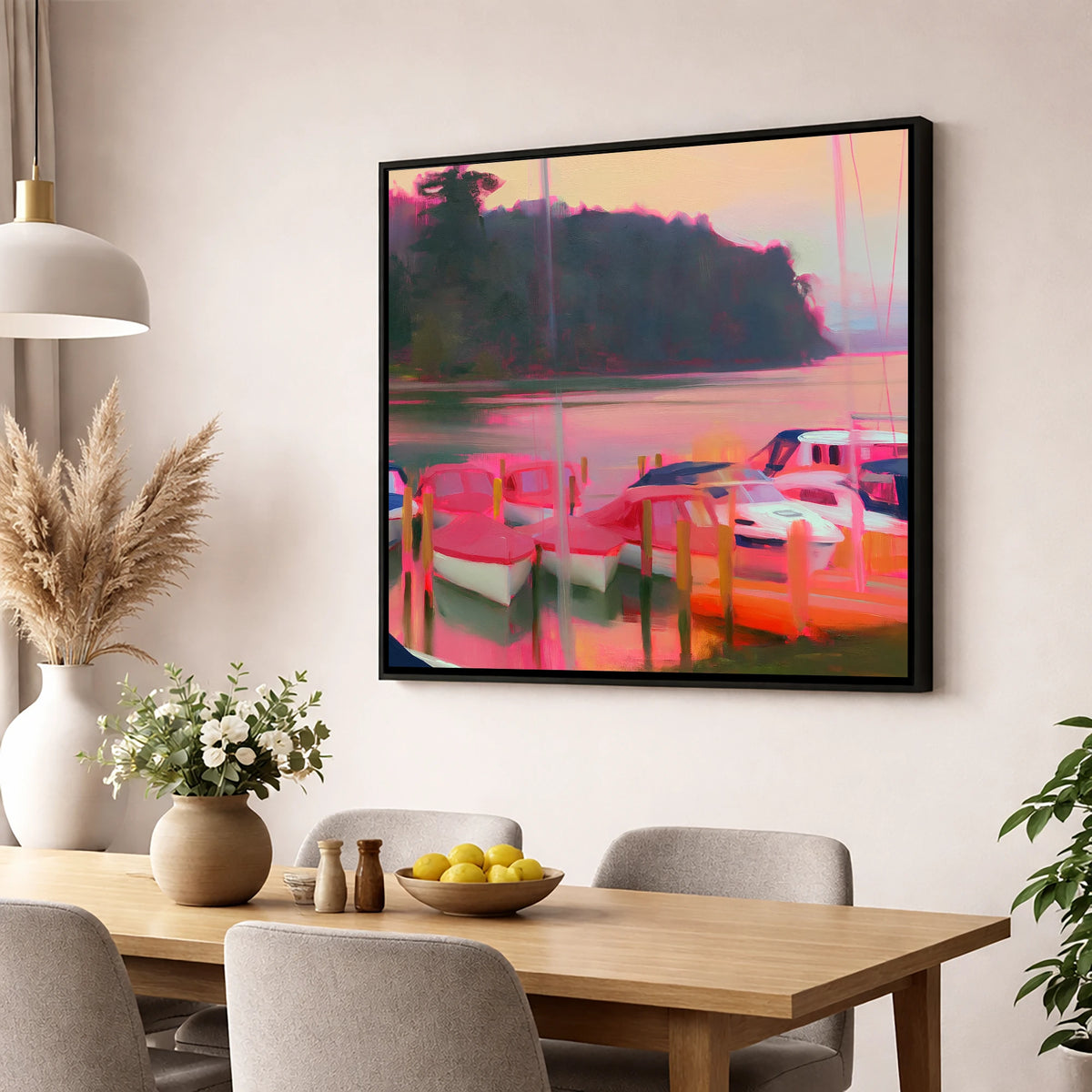 Neon Sunset Over Windermere Boats lake district lake wall art displayed in a dining room