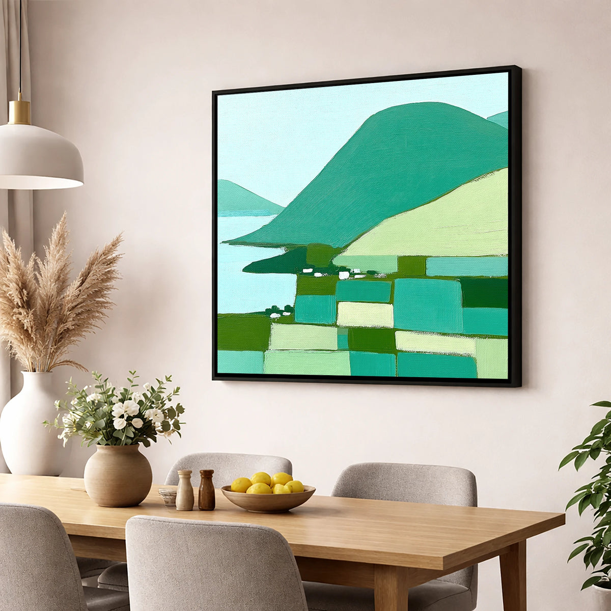 Geometric Greens of Glenridding Village lake district village wall art displayed in a dining room