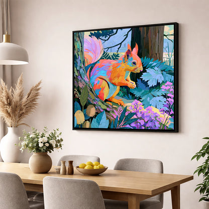 Vibrant Woodland Red Squirrel lake district wildlife wall art displayed in a dining room