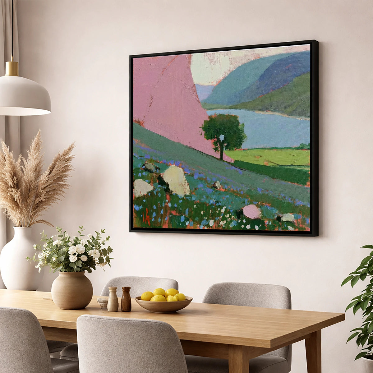 Pink Fellside Above Crummock Water lake district lake wall art displayed in a dining room