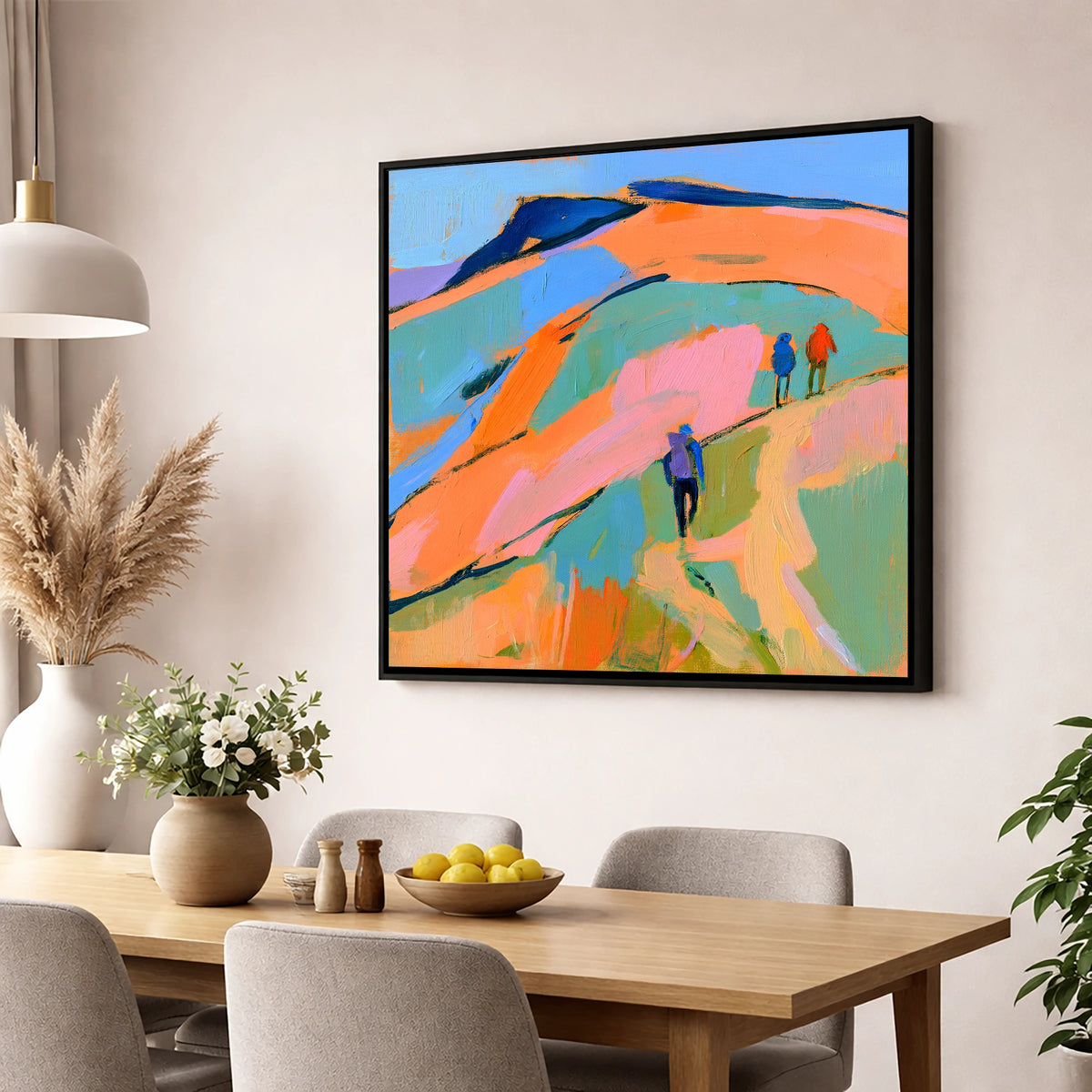 Orange and Blue Fell Hikers lake district fell wall art displayed in a dining room