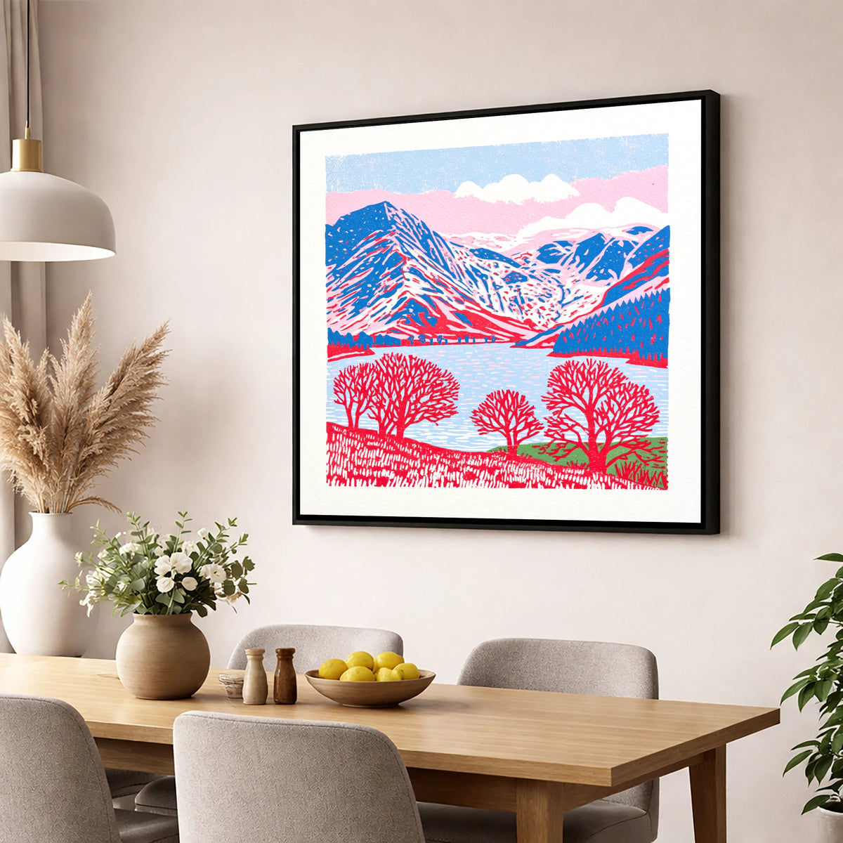 Graphic Buttermere in Red and Blue lake district lake wall art displayed in a dining room
