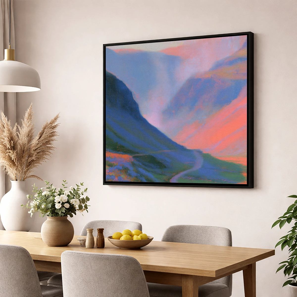 Winding Mountain Pass at Twilight lake district valley wall art displayed in a dining room