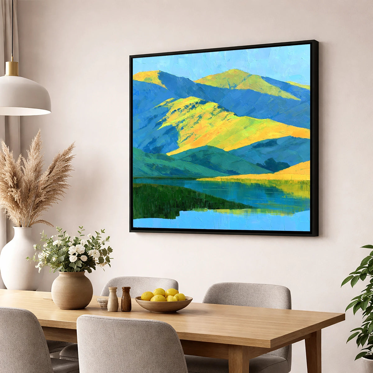 Sunlit Fells and Deep Blue Shadows lake district sky wall art displayed in a dining room