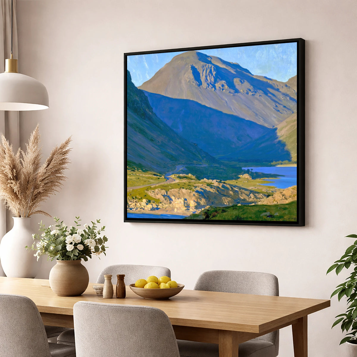 Sunlit Road to Great Gable lake district fell wall art displayed in a dining room