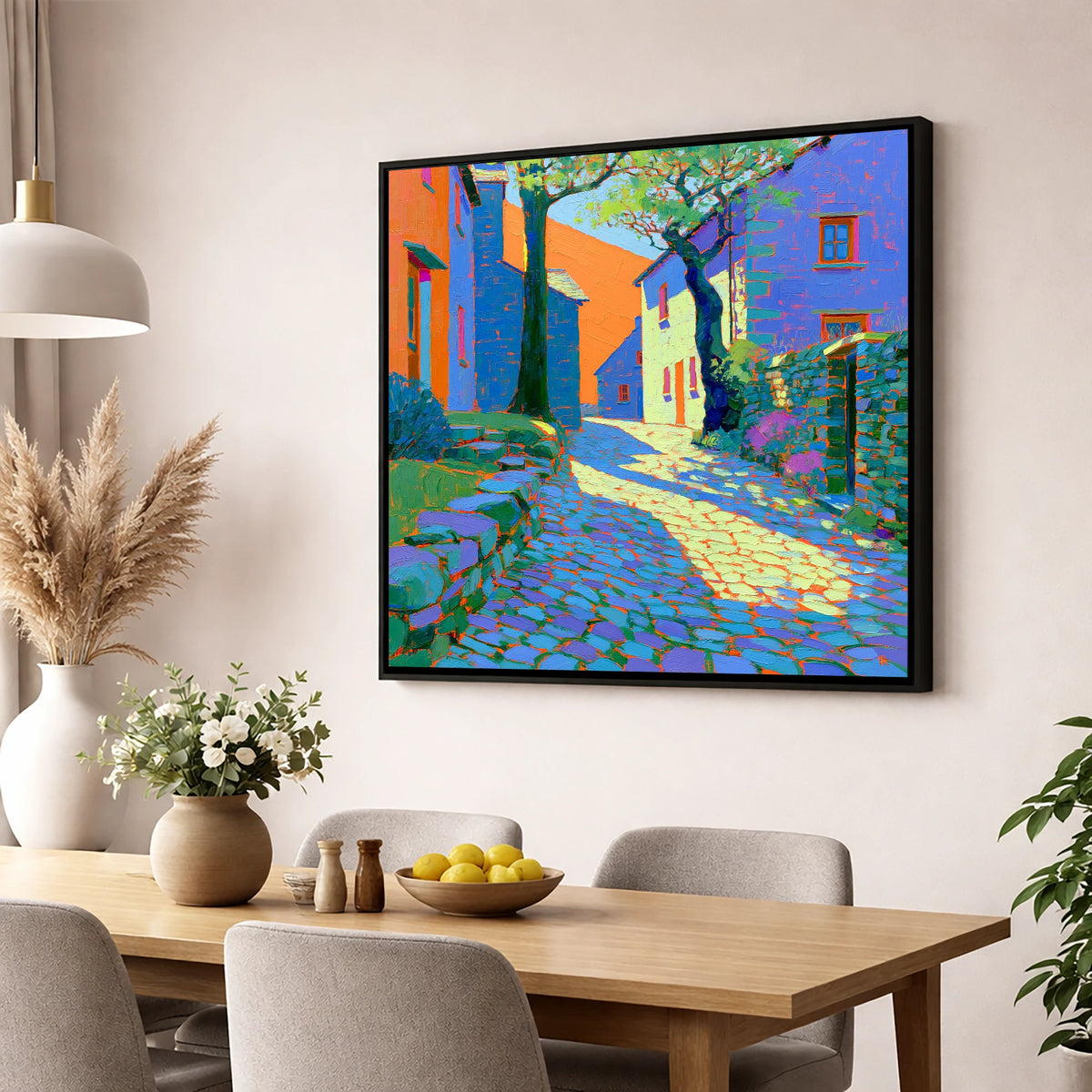 Dappled Sunlight on Village Cobbles lake district village wall art displayed in a dining room