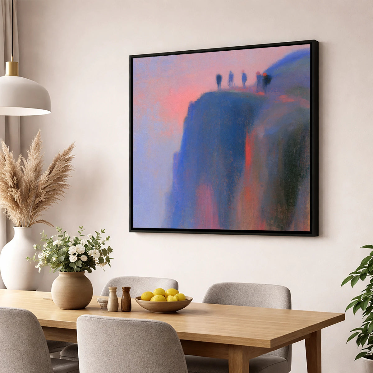 Climbers on a Twilight Crag lake district walking wall art displayed in a dining room