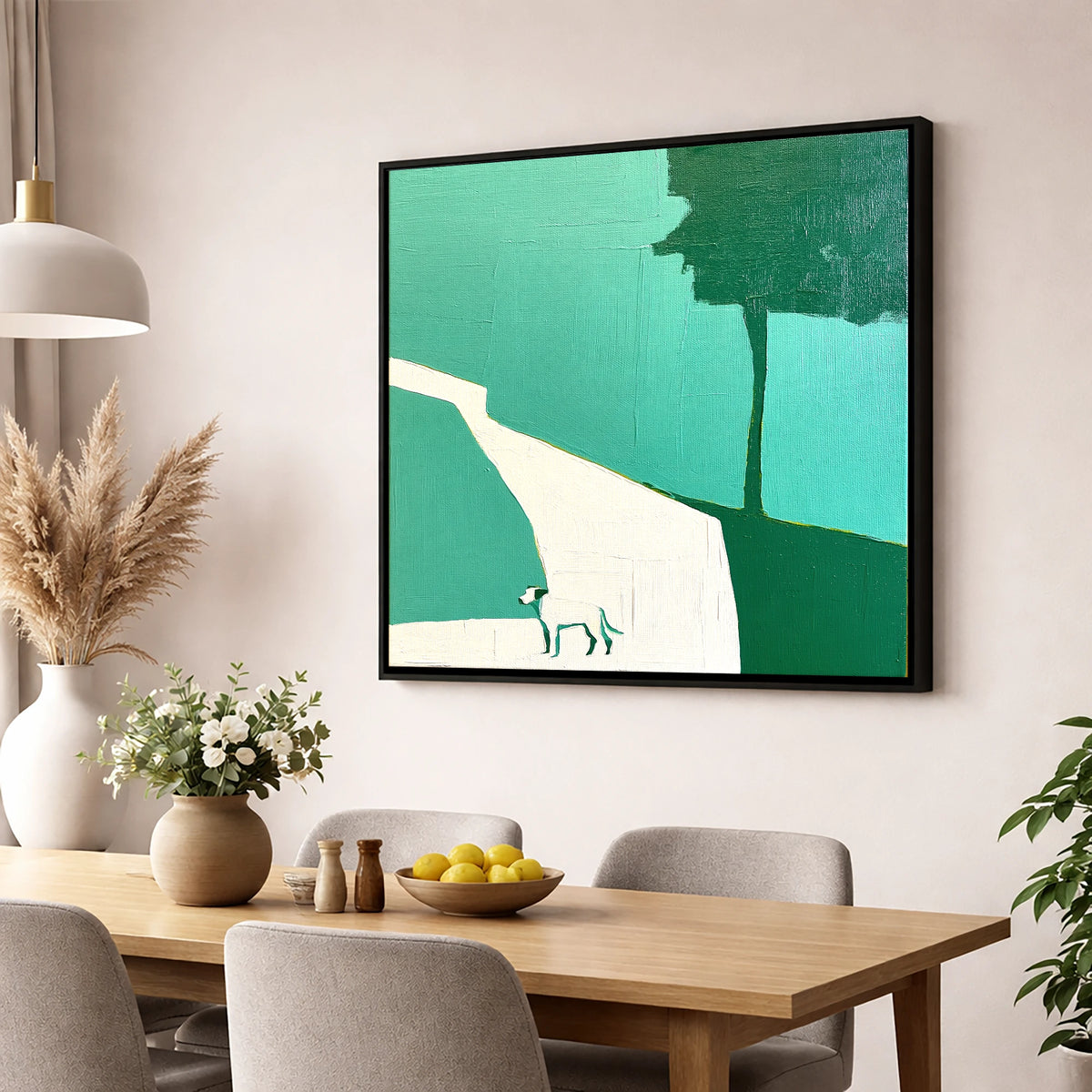 Abstract Hawkshead Dog Path gifts for dog walkers wall art displayed in a dining room