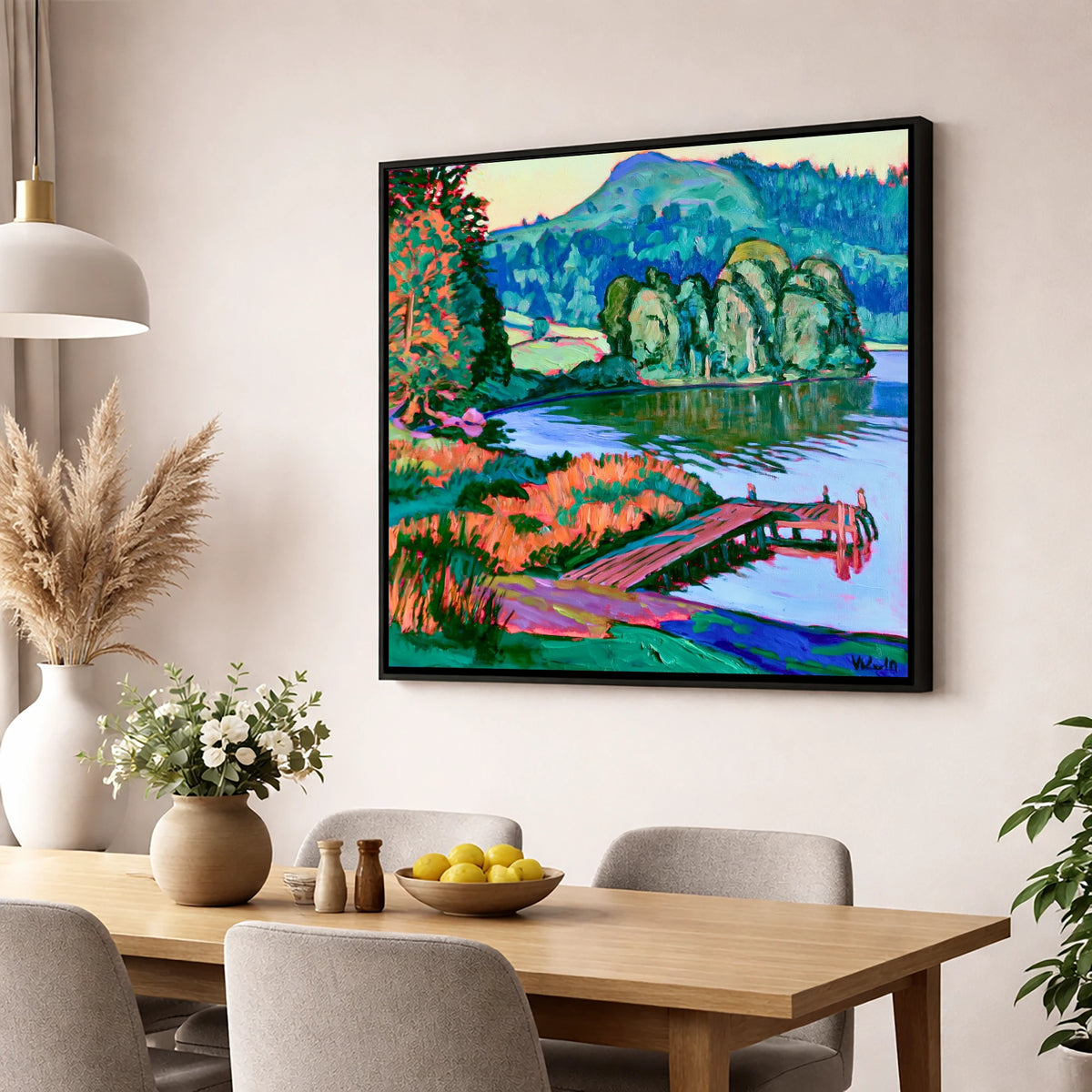 Vibrant Wooden Pier at Grasmere lake district lake wall art displayed in a dining room
