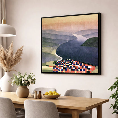 Geometric Ambleside and Indigo Waters lake district village wall art displayed in a dining room