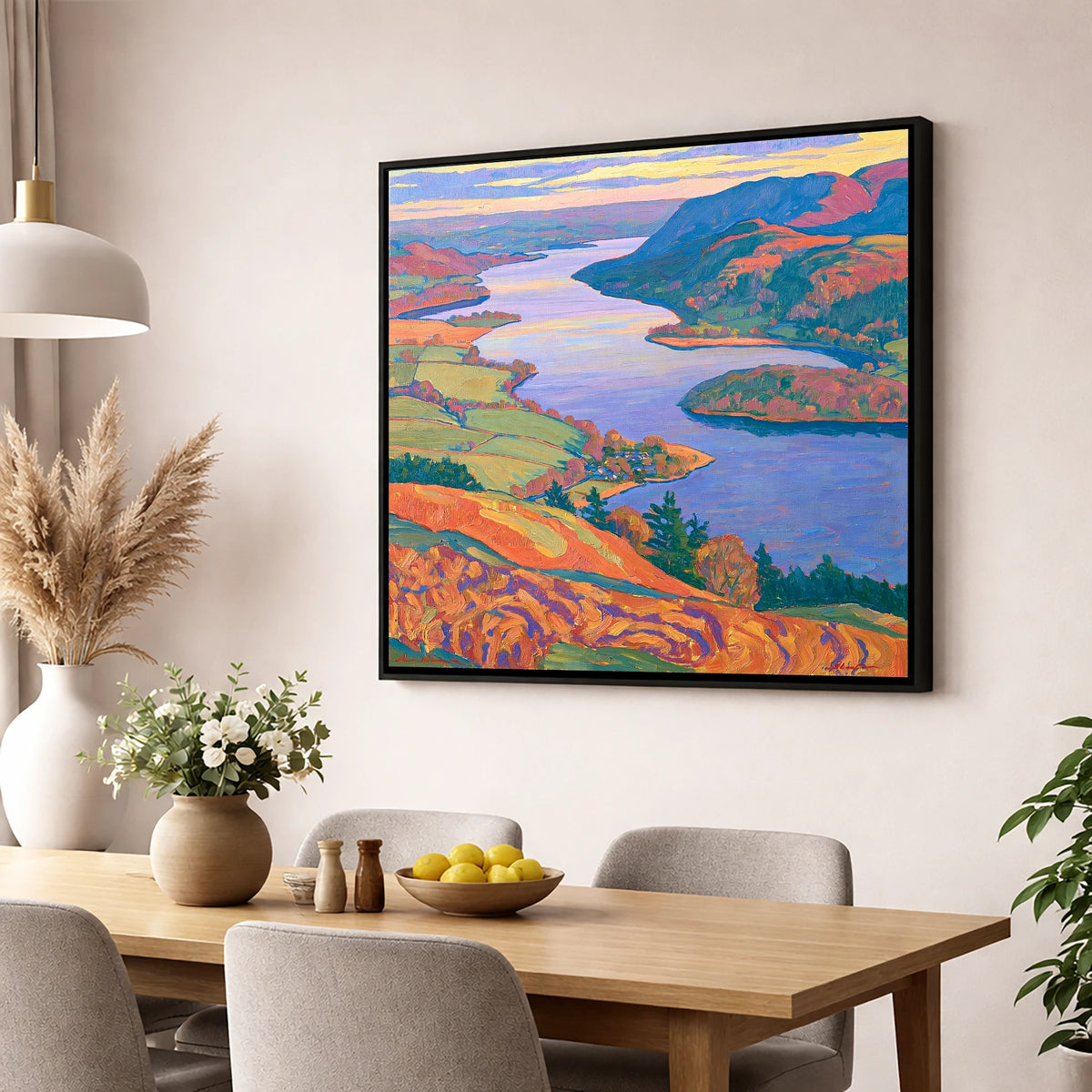 Bold Ullswater and Pooley Bridge lake district village wall art displayed in a dining room