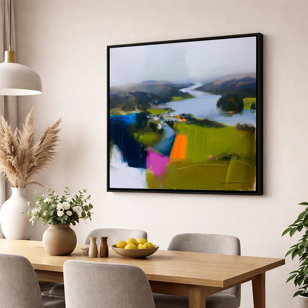 Vibrant Ambleside Lake View lake district village wall art displayed in a dining room