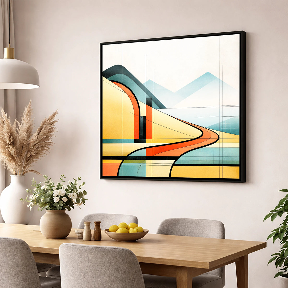 Geometric Golden Evening Fells lake district sky wall art displayed in a dining room