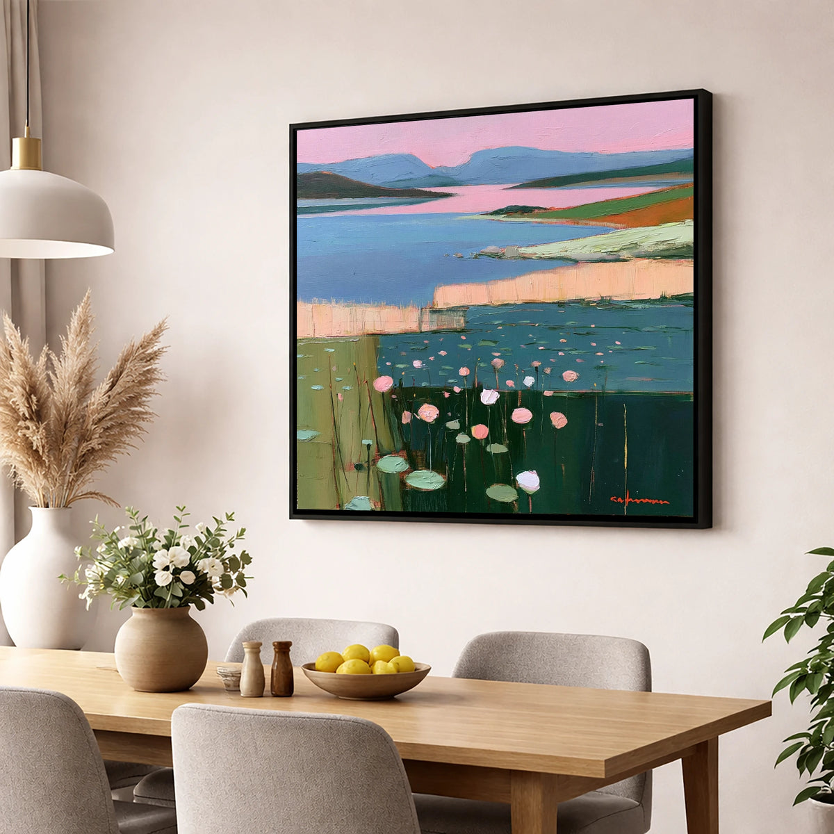 Lake Fells Under Pink Sky lake district lake wall art displayed in a dining room