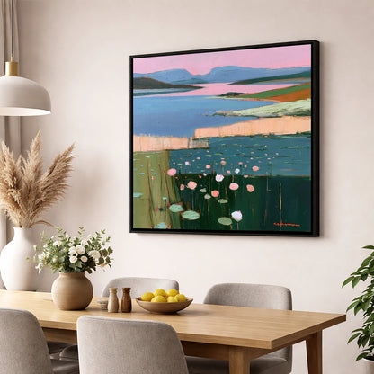 Lake Fells Under Pink Sky lake district lake wall art displayed in a dining room