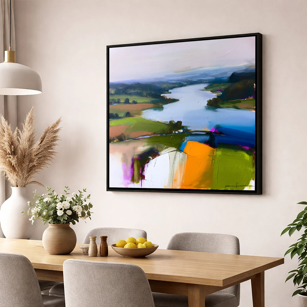 Vibrant Ullswater from Pooley Bridge lake district village wall art displayed in a dining room