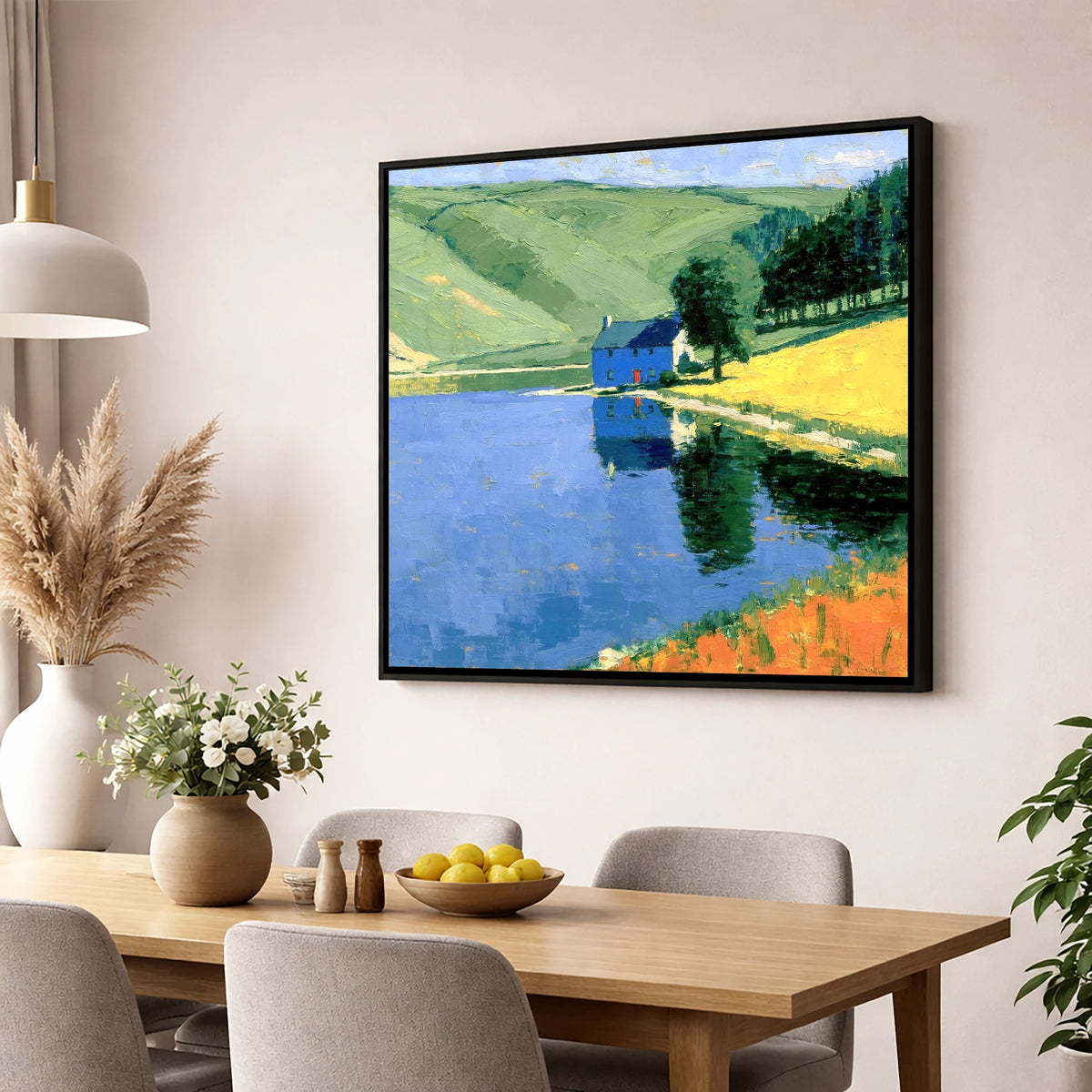 Blue Cottage on Calm Lake lake district lake wall art displayed in a dining room