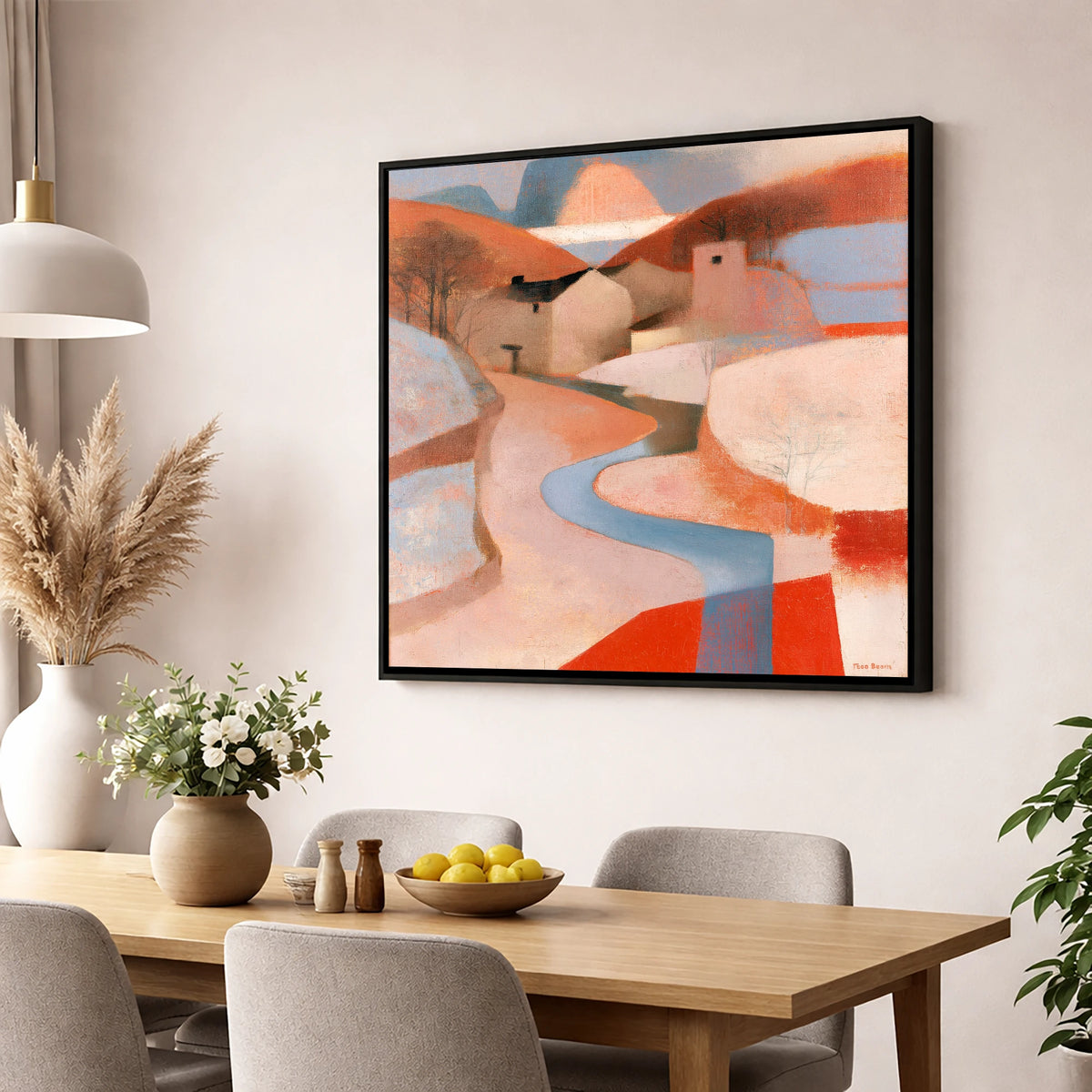 Terracotta Winding River Valley lake district waterfall wall art displayed in a dining room