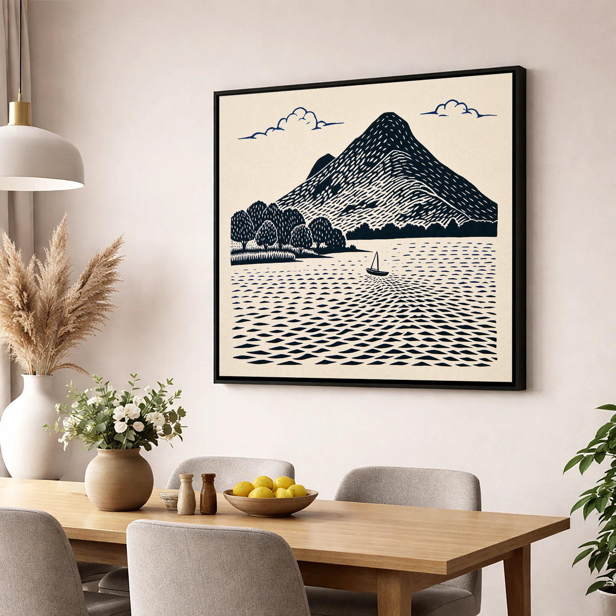 Graphic Catbells and Sailing Boat lake district fell wall art displayed in a dining room